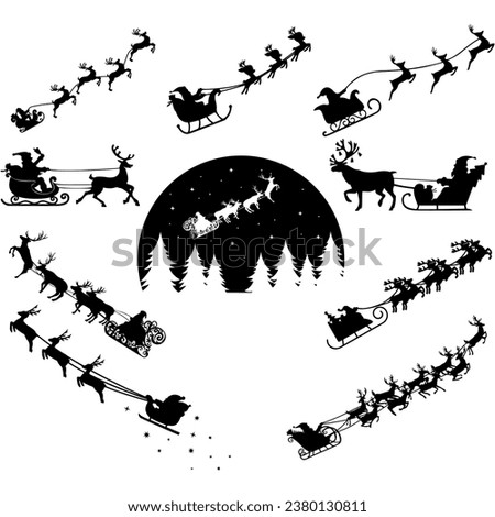 Santa Claus with Reindeer Sleigh, santa sleigh vector, Christmas silhouette
