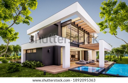 3d rendering of modern cozy house with pool and parking for sale or rent in luxurious style and beautiful landscaping on background. Clear summer evening with cozy light from window
