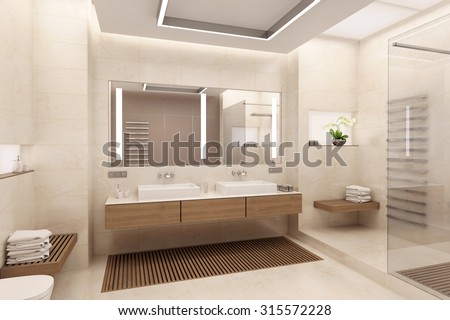 The interior of the bathroom in a contemporary style using natural materials.