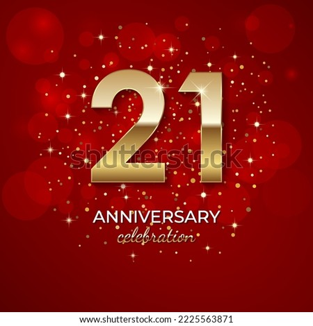 21th Anniversary. Golden number 21 with sparkling confetti and glitters for celebration events, weddings, invitations and greeting cards. Realistic 3d sign. Vector festive illustration.