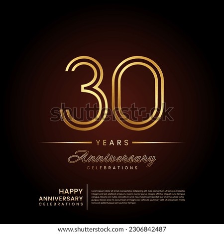 30 years anniversary, anniversary template design with double line number and golden text for birthday celebration event, invitation, banner poster, flyer, and greeting card, vector template
