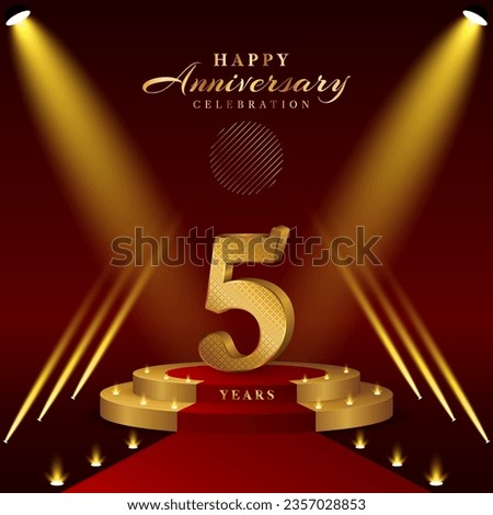 5th anniversary logo with numbers and podium in gold color, logo design for celebration event, invitation, greeting card, banner, poster, and flyer, vector template