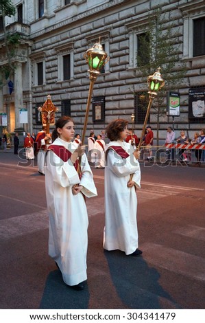 ROME, ITALY - JUN 4, 2015: During the celebration the Feast of Corpus Christi (Body of Christ) also known as Corpus Domini, is a Latin Rite celebrating belief in the body and blood of Jesus Christ.