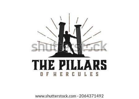 Hercules Heracles with pillar pillars, Muscular Myth Greek Archer Warrior Silhouette Logo design the Pillars of Hercules