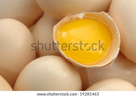 Stack of fresh eggs one is opened