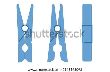 Different sides and states (opened and closed)  of a clothes pin. Blue flat vector illustration isolated on white background