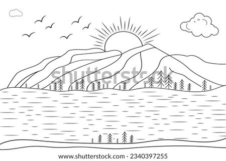 hand-drawn line art landscape mountain view, with sun and clouds, under the river, wild beach sunset and sunrise outline waves Nature view, lake line drawing island hills, Kids drawing coloring page
