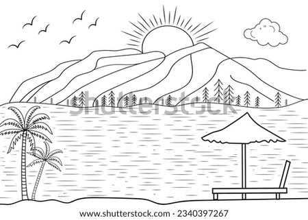 hand-drawn line art landscape mountain view, with sun and clouds, under the river, wild beach sunset and sunrise outline waves Nature view, lake line drawing island hills, Kids drawing coloring page
