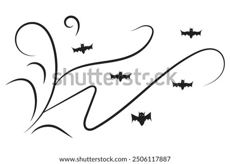 
set of Halloween Bats flourish swirls, hand drawn fancy lines Calligraphy Ornament vine scroll decorative elements, black and white filigree curls, page decor wedding ornate holiday design element
