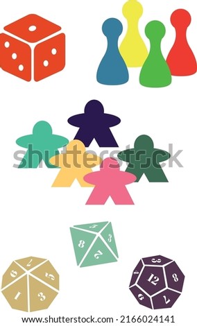a set of board game pawns, meeples, and dice for player geek