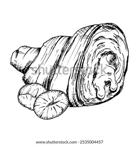 A detailed hand-drawn vector illustration of croissant with hazelnuts. Black and white sketch showcasing the flaky texture and nut filling. Ideal for bakery, food packaging or culinary design projects