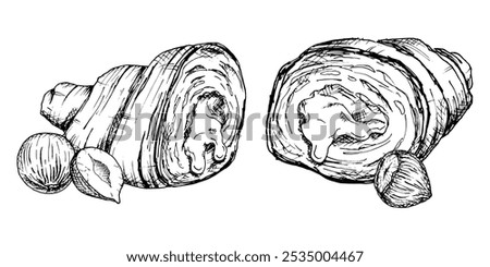 A detailed hand-drawn vector illustration of croissants with hazelnuts. Black and white sketch showcasing the flaky texture and nut filling. Ideal for bakery, food packaging, culinary design projects