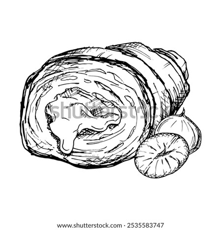 A detailed hand drawn vector illustration of croissant with hazelnuts. Black and white sketch showcasing the flaky texture and nut filling. Ideal for bakery, food packaging or culinary design projects