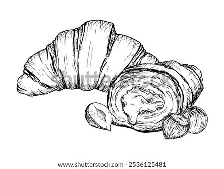 A detailed hand drawn vector illustration of croissants with hazelnuts. Black and white sketch showcasing the flaky texture and nut filling. Ideal for bakery, food packaging, culinary design projects