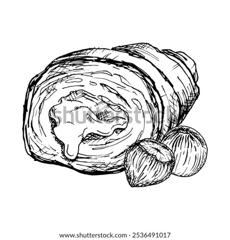 A detailed hand drawn vector illustration of croissant with hazelnuts. Black and white sketch showcasing the flaky texture and nut filling. Ideal for bakery, food packaging or culinary design projects