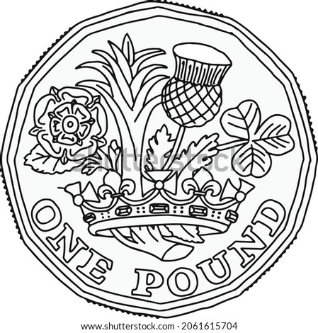 Black and white hand drawn one pound coin, currency of the united kingdom.