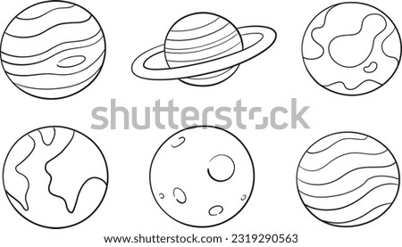 Cute planets education symbols drawing in doodle line art style. Vector illustration. Set of planets. Vector illustration in doodle style. Hand drawing.