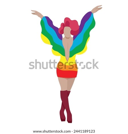 A confident drag queen in rainbow moden outfit with dark pink wig for LGBTQ+ concept and for equality and diversity supporting. Vector illustration flat charactor on white background