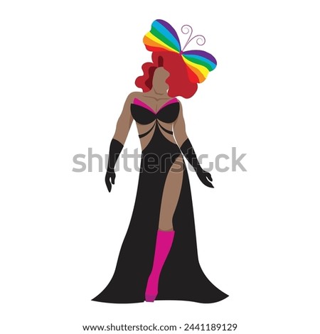 A confident transgender drag queen in black and pink modern evening gown with red wig and rainbow butterfly for LGBTQ+ concept. Vector illustration flat charactor on white background