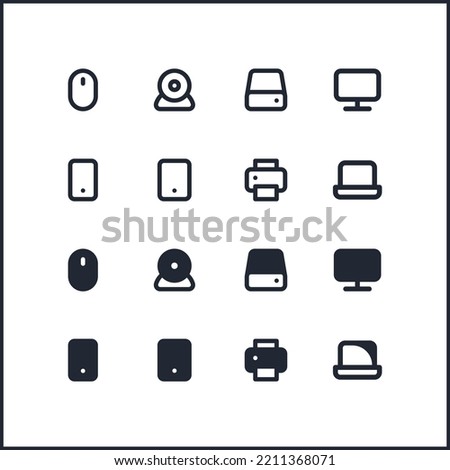 Collection of smart devices icons set. Set of computer and mobile equipment and electronics symbols in white background.