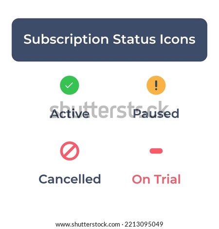 Subscription status icons. Active subscription status, pause, cancelled and on trial icons for SAAS project.
