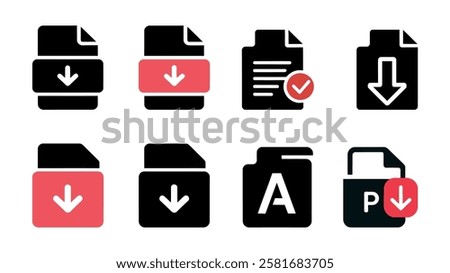 File Management Icons Set - Document, Download, Delete, Edit, Checkmark, Add, Red UI Symbols, Data Management Vector