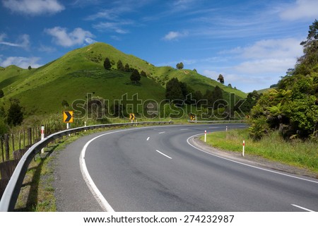 Right Turn Road - Blue sky and green hills on background