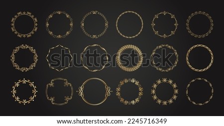 Decorative gold frames. Retro ornamental frame, vintage rounded ornaments and ornate border. Decorative wedding frames, invitation card, antique museum image borders. Isolated vector icons set
