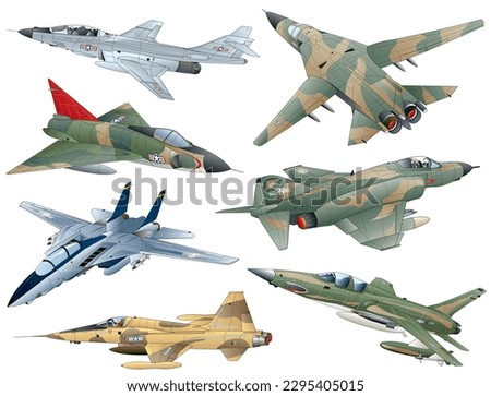 7 types of third generation all American jet fighter vector illustration collection.