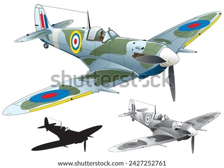 World war 2 single engine propeller fighter Supermarine Spitfire, vector illustration (monotone, black silhouette set)