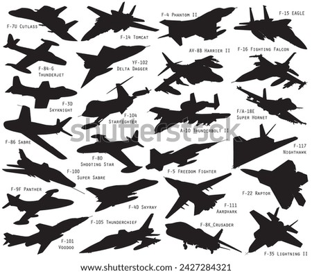 All American 25 jet fighter black vector silhouette illustration set.