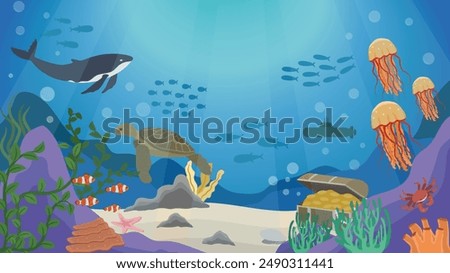 Under the Sea With Coral Reefs, Shells, Seaweed, Clownfish, Turtles, Jellyfish, Whales, Crabs, Starfish, Submarine and Treasures Vector Illustration