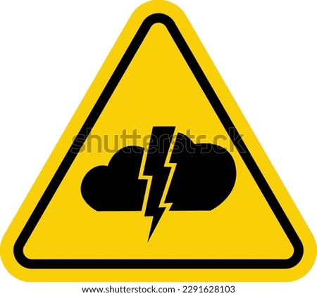 Storm warning sign. Yellow triangle sign with lightning and cloud icon inside. Beware of bad weather. Thunderstorm danger. Watch out for lightning bolts. Hurricane, thunderstorm, storm, squally wind.