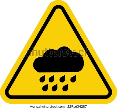 Rain sign. Rain warnings. Yellow triangle sign with rain cloud icon inside. Risk of heavy rain and accident. Caution, wet and slippery road. Danger of flooding.
