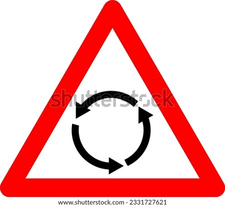 Roundabout intersection sign. Warning sign crossing with a roundabout. Red triangle sign with arrows stacked in circle inside. Caution circular motion.