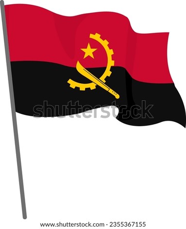 Flag Angola is flying. Official flag Angola flies of flagpole. Independence Day. Banner, flyer, poster template. National flag Angola with coat of arms. Wavy flag Angola.