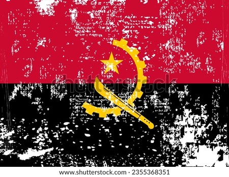 Damaged flag Angola. Angola flag with grunge texture. Independence Day. Banner, poster template. National flag Angola with coat arms. State flag Angola is drawn in ink.