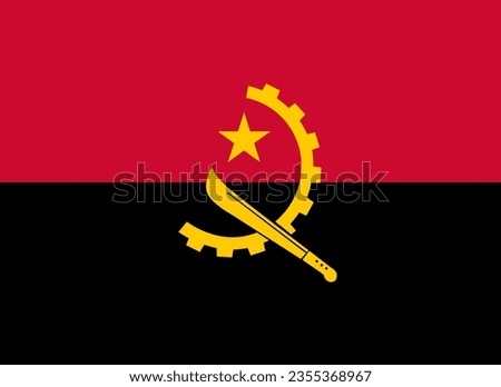 Classic flag Angola. Official flag Angola with size proportions and original color. Standard color and size. Independence Day. Banner template. National flag Angola with coat of arms.