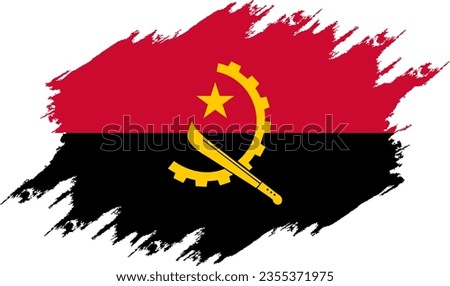 Distressed flag Angola. Angola flag with grunge texture. Independence Day. Banner, poster template. State flag Angola with coat arms. Drawn brush flag Republic Angola.