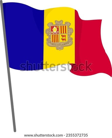 Flag Andorra is flying. Official flag Andorra flies of flagpole. Independence Day. Banner, flyer, poster template. National flag Andorra with coat of arms. Wavy flag Andorra.