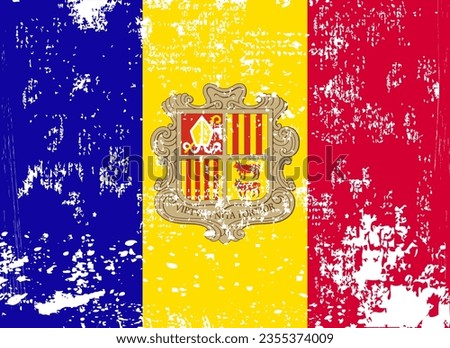 Damaged flag Andorra. Andorra flag with grunge texture. Independence Day. Banner, poster template. National flag Andorra with coat arms. State flag Andorra is drawn in ink.