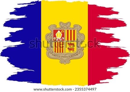 Distressed flag Andorra. Andorra flag with grunge texture. Independence Day. Banner, poster template. State flag Andorra with coat arms. Drawn brush flag Republic Andorra.