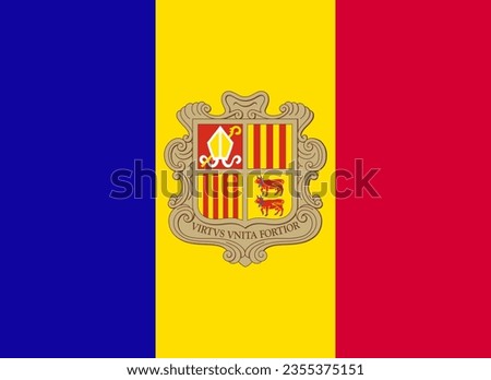 Classic flag Andorra. Official flag Andorra with size proportions and original color. Standard color and size. Independence Day. Banner template. National flag Andorra with coat of arms.
