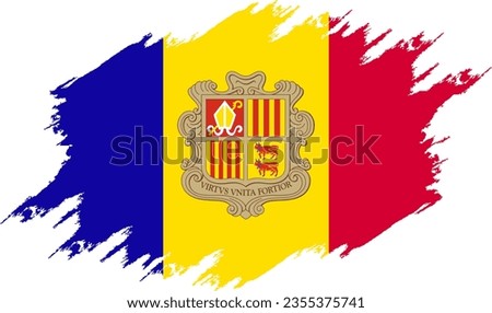 Painted with brush flag Andorra. Grunge flag Andorra. Watercolor drawing national flag Andorra. Independence Day. Banner, poster template. National flag Andorra with coat arms.