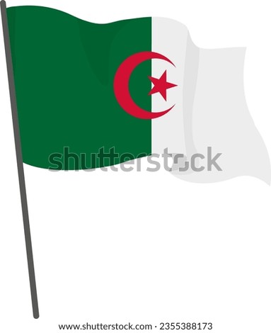 Flag Algeria is flying. Official flag Algeria flies of flagpole. Independence Day. Banner, flyer, poster template. National flag Algeria with coat of arms. Wavy flag Algeria.