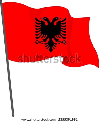 Flag Albania is flying. Official flag Albania flies of flagpole. Independence Day. Banner, flyer, poster template. National flag Albania with coat of arms. Wavy flag Albania.