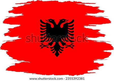 Distressed flag Albania. Albania flag with grunge texture. Independence Day. Banner, poster template. State flag Albania with coat arms. Drawn brush flag Republic Albania.