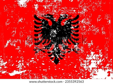 Grunge flag Albania. Painted brush stroke. Watercolor drawing, vintage flag Albania. National flag Albania with coat arms. Independence Day. Banner, poster template.