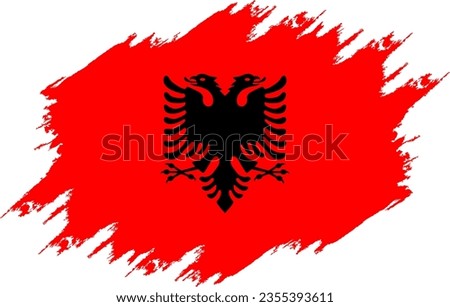 Painted with brush flag Albania. Grunge flag Albania. Watercolor drawing national flag Albania. Independence Day. Banner, poster template. National flag Albania with coat arms.