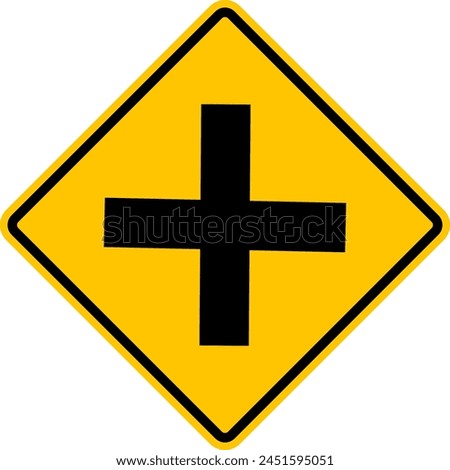 Equivalent road intersection sign. Yellow diamond shaped warning road sign. Diamond road sign. Rhombus road sign. Crossroads with similar roads.